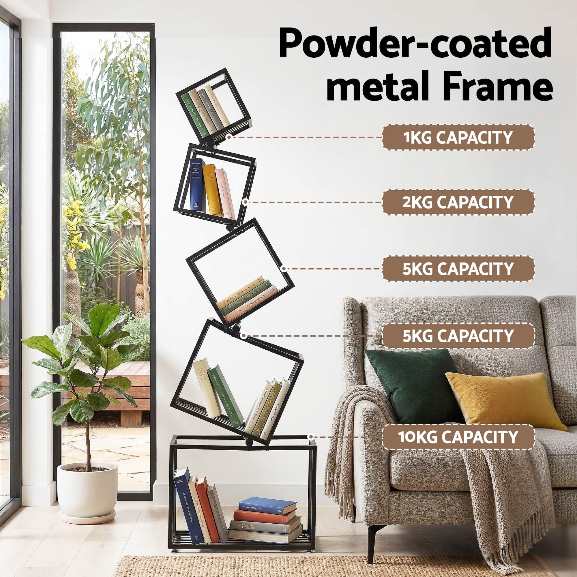 Modern 5-Tier Geometric Bookshelf Metal Display Shelf Black 181cm
