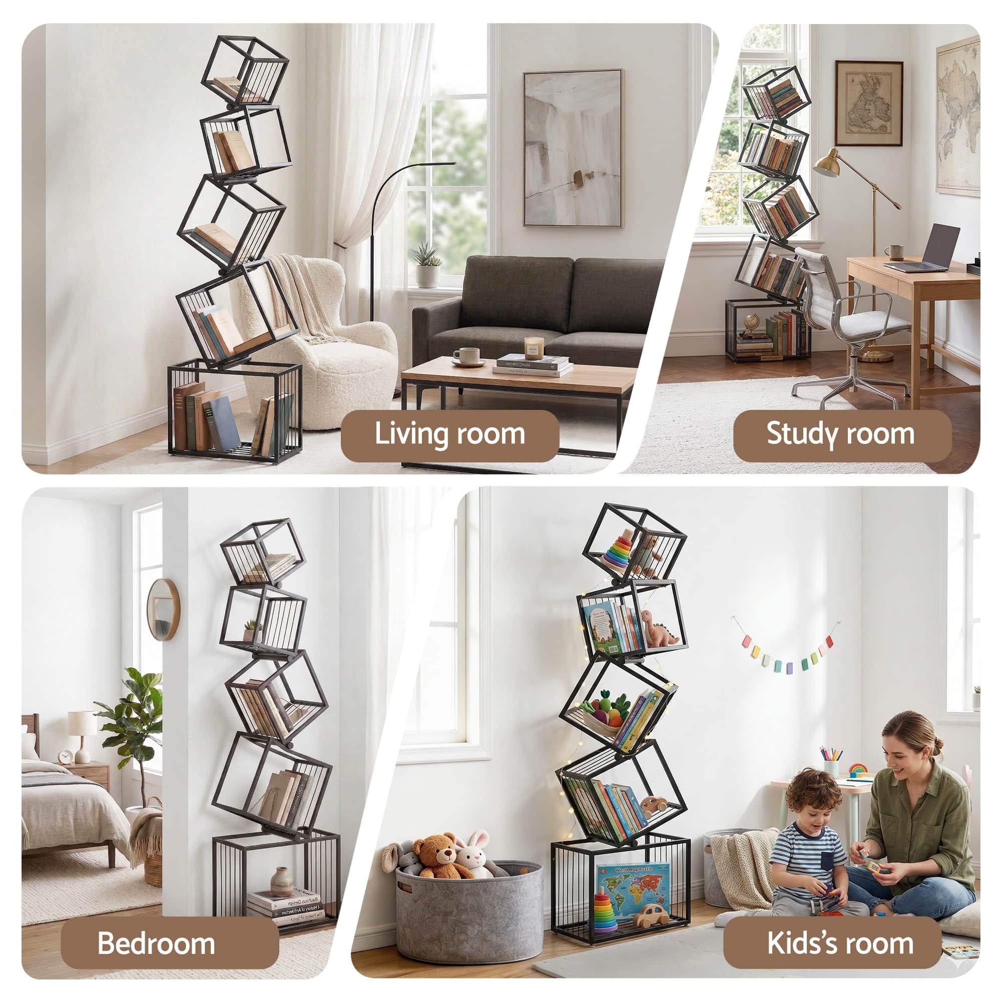 Modern 5-Tier Geometric Bookshelf Metal Display Shelf Black 181cm