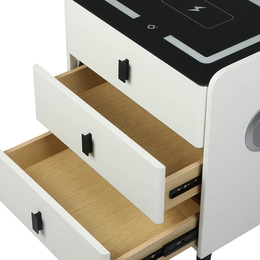 Modern Bedside Table LED Lights Drawers Storage  Space-Saving Design