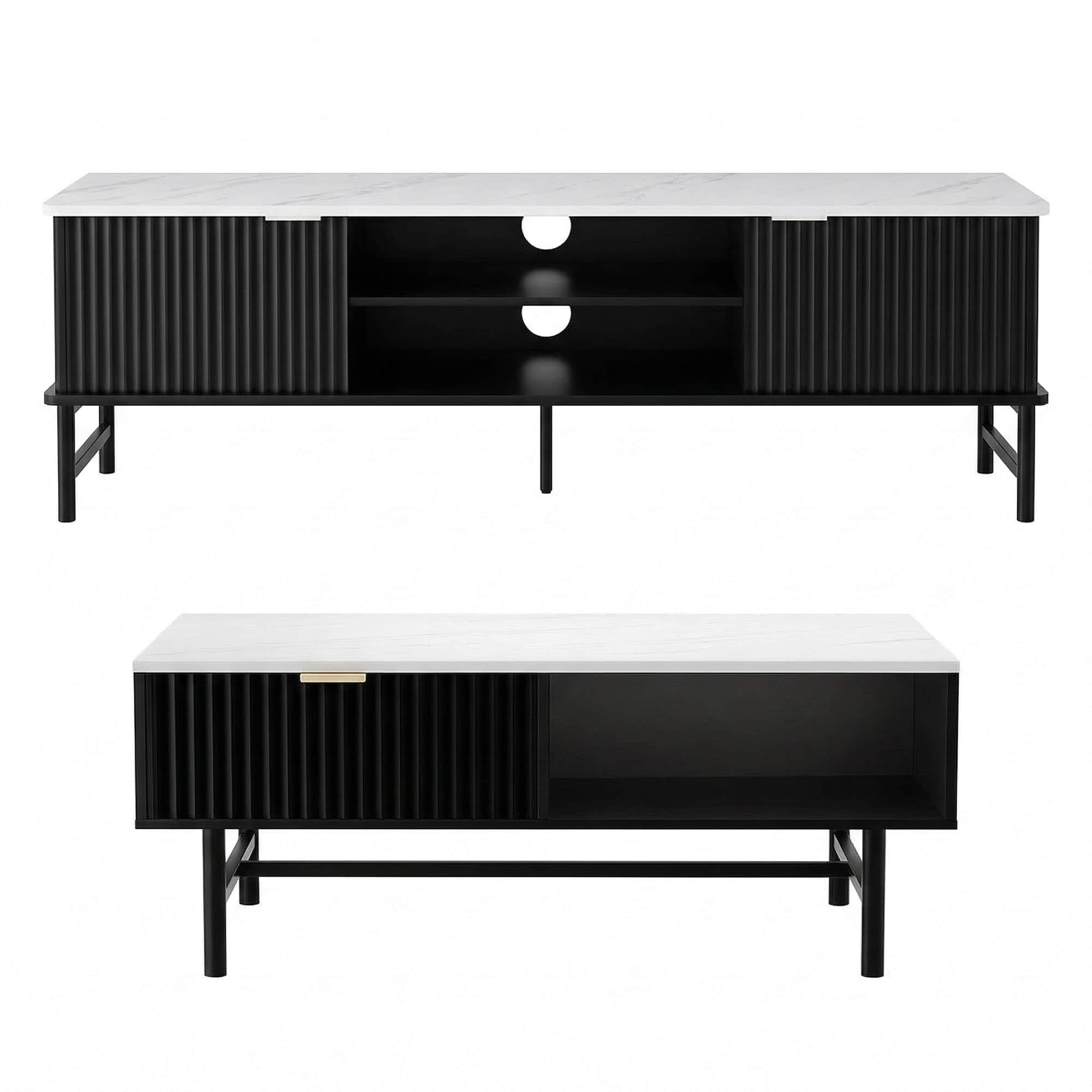 Modern Black TV Unit and Coffee Table Set with Storage Shelves