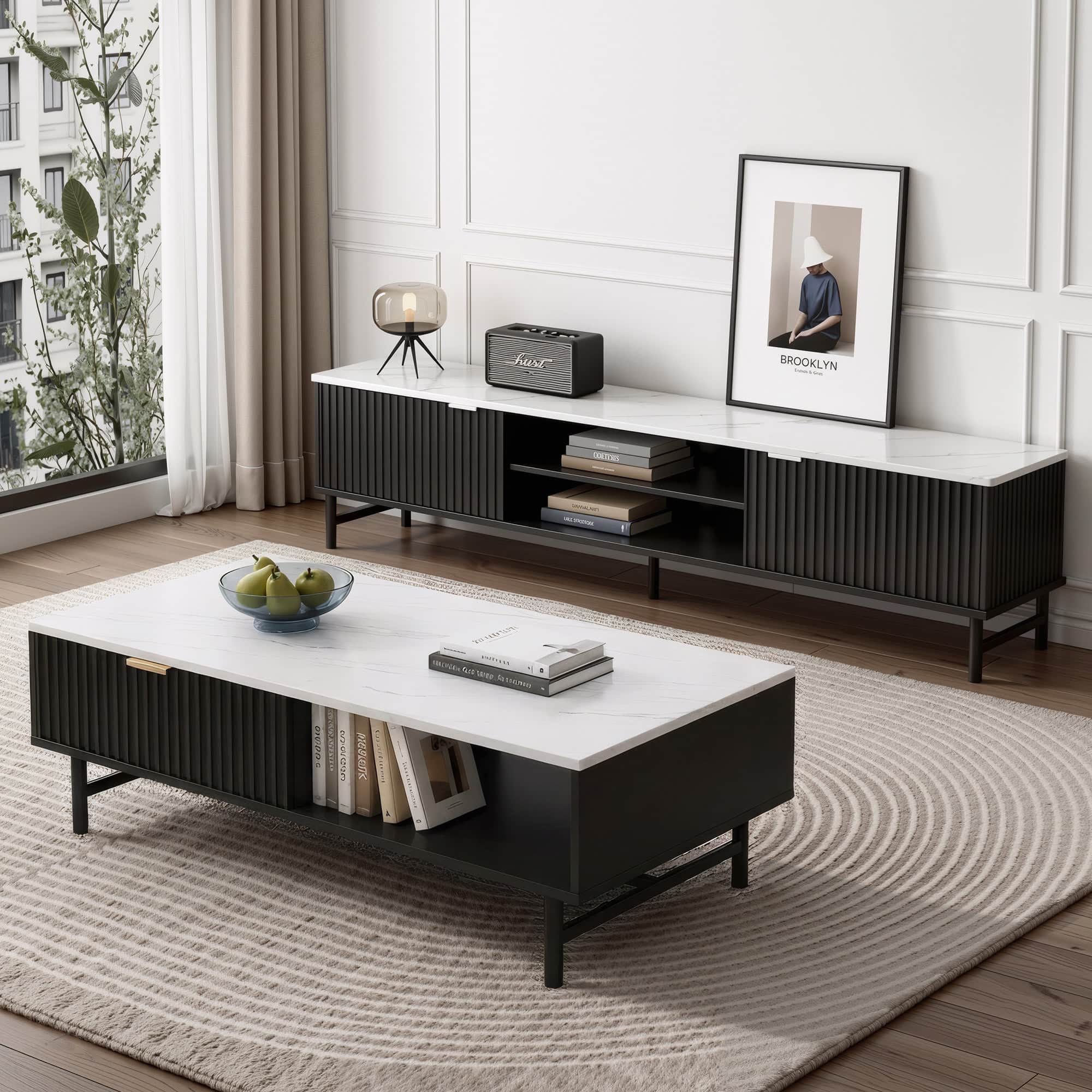 Modern Black TV Unit and Coffee Table Set with Storage Shelves
