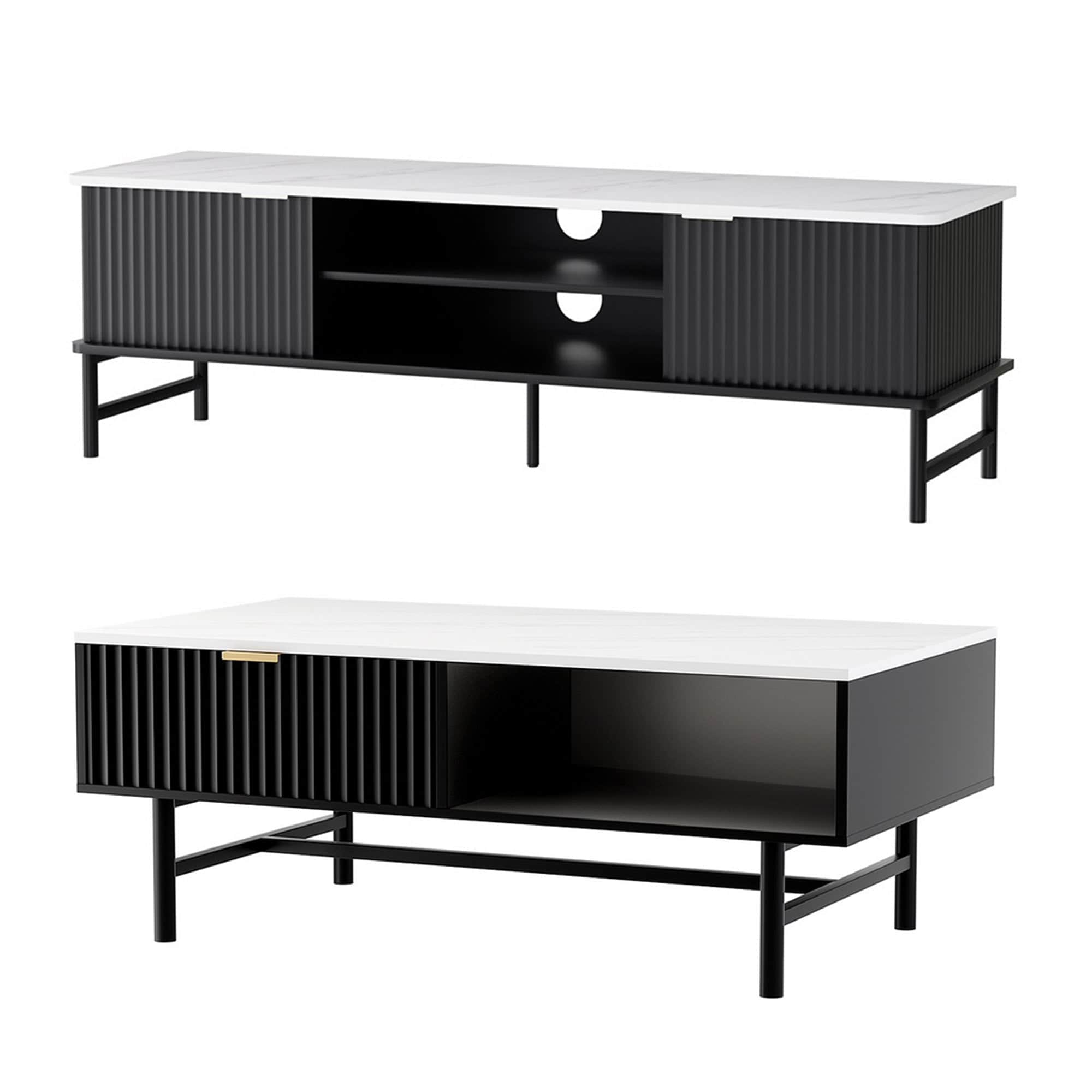Modern Black TV Unit and Coffee Table Set with Storage Shelves