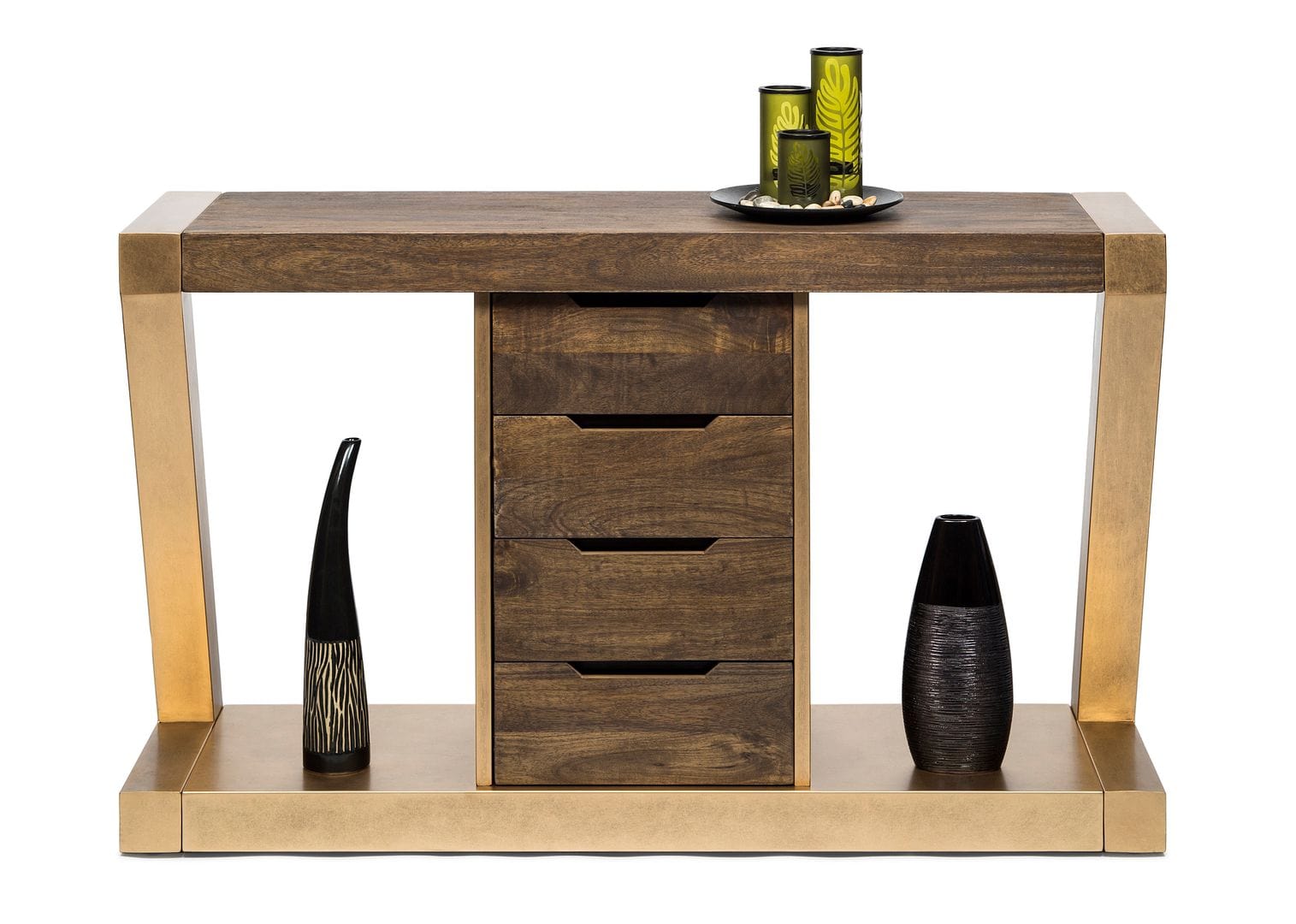 Modern Brass and Wooden Hallway Console Table with Z-Shaped Design and Drawers