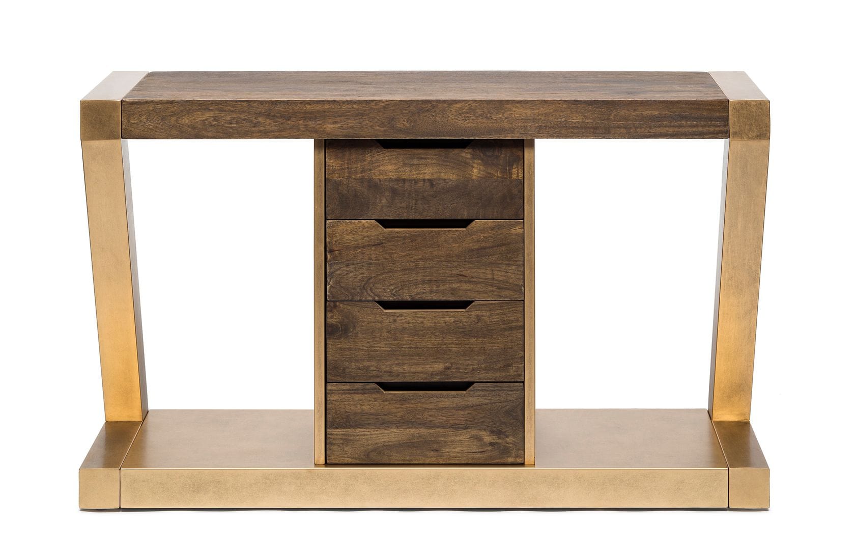 Modern Brass and Wooden Hallway Console Table with Z-Shaped Design and Drawers