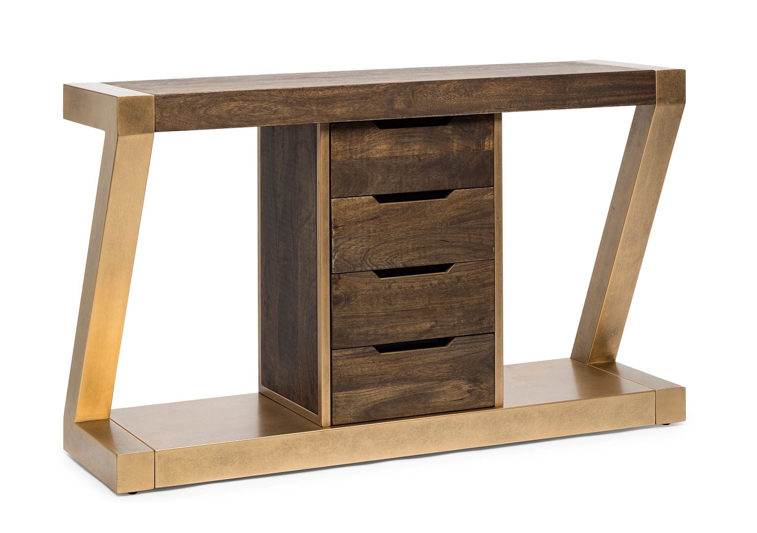 Modern Brass and Wooden Hallway Console Table with Z-Shaped Design and Drawers