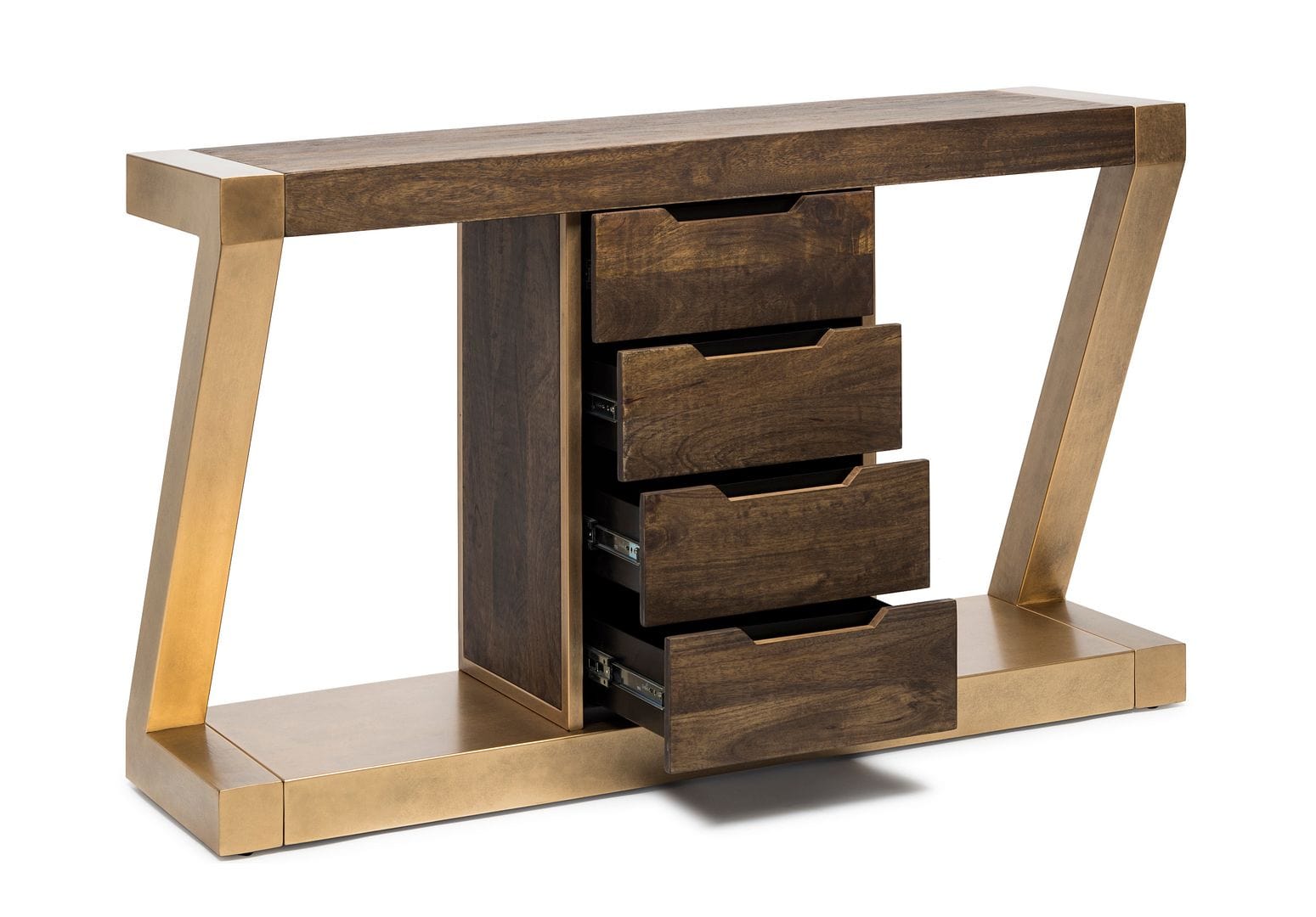 Modern Brass and Wooden Hallway Console Table with Z-Shaped Design and Drawers