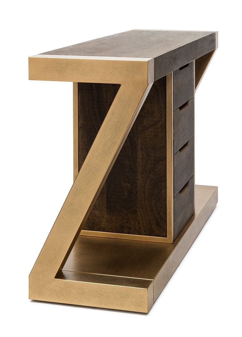 Modern Brass and Wooden Hallway Console Table with Z-Shaped Design and Drawers