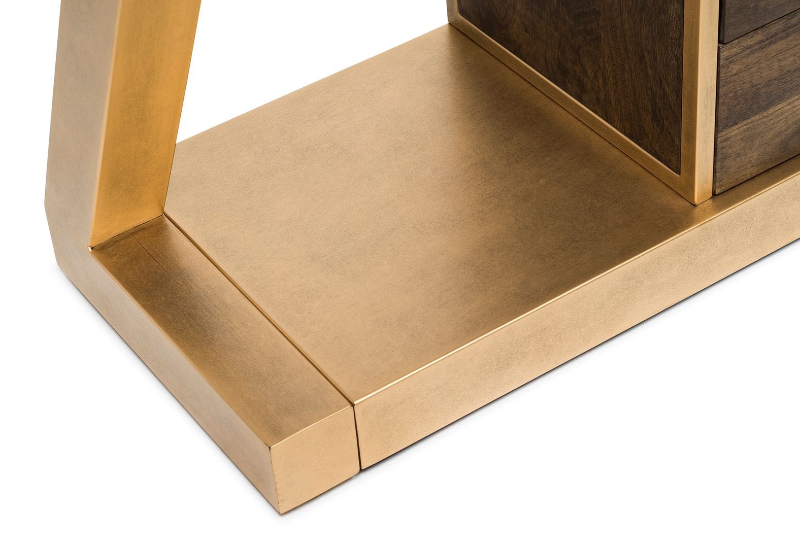 Modern Brass and Wooden Hallway Console Table with Z-Shaped Design and Drawers