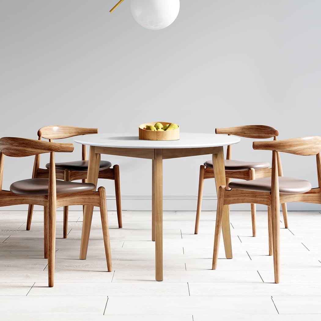 Modern Dining Table Round Rubberwood Base 100cm White 100 CM  Soft