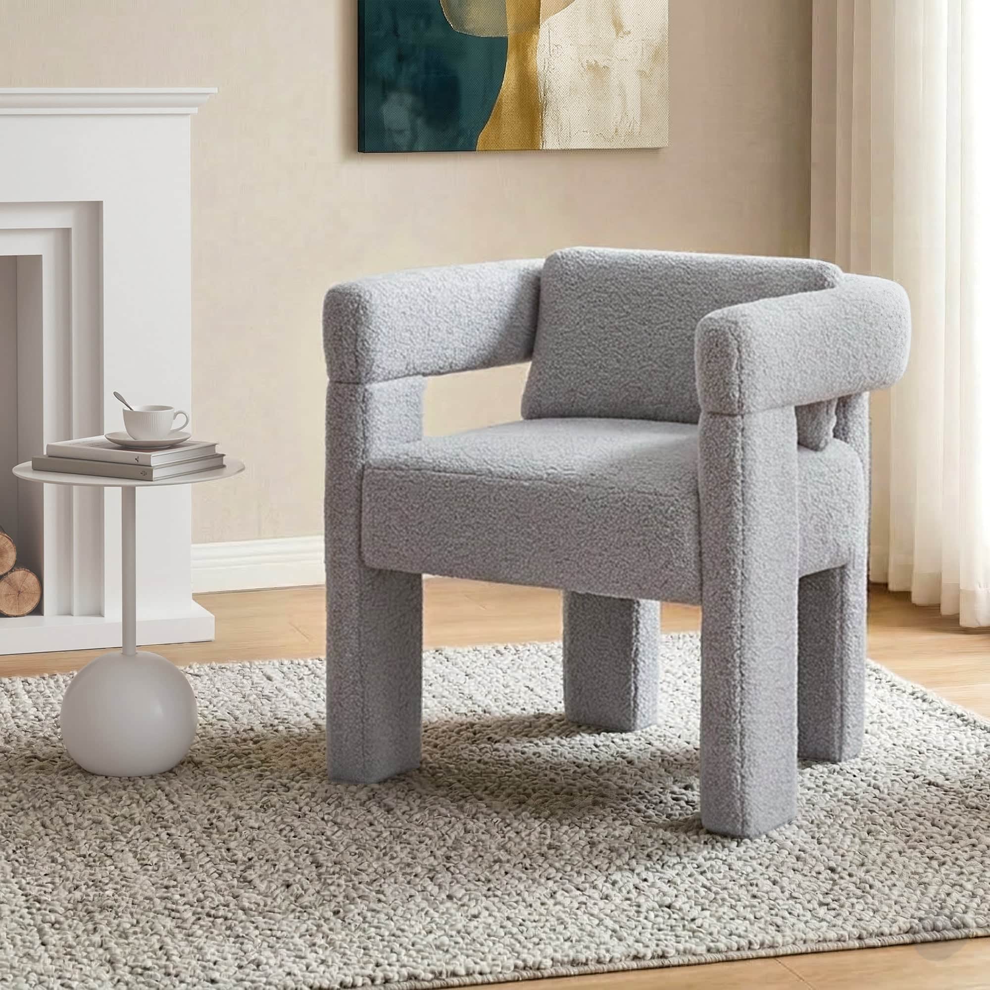 Modern Grey Boucle Armchair with Wide Armrest and Pine Wood Legs