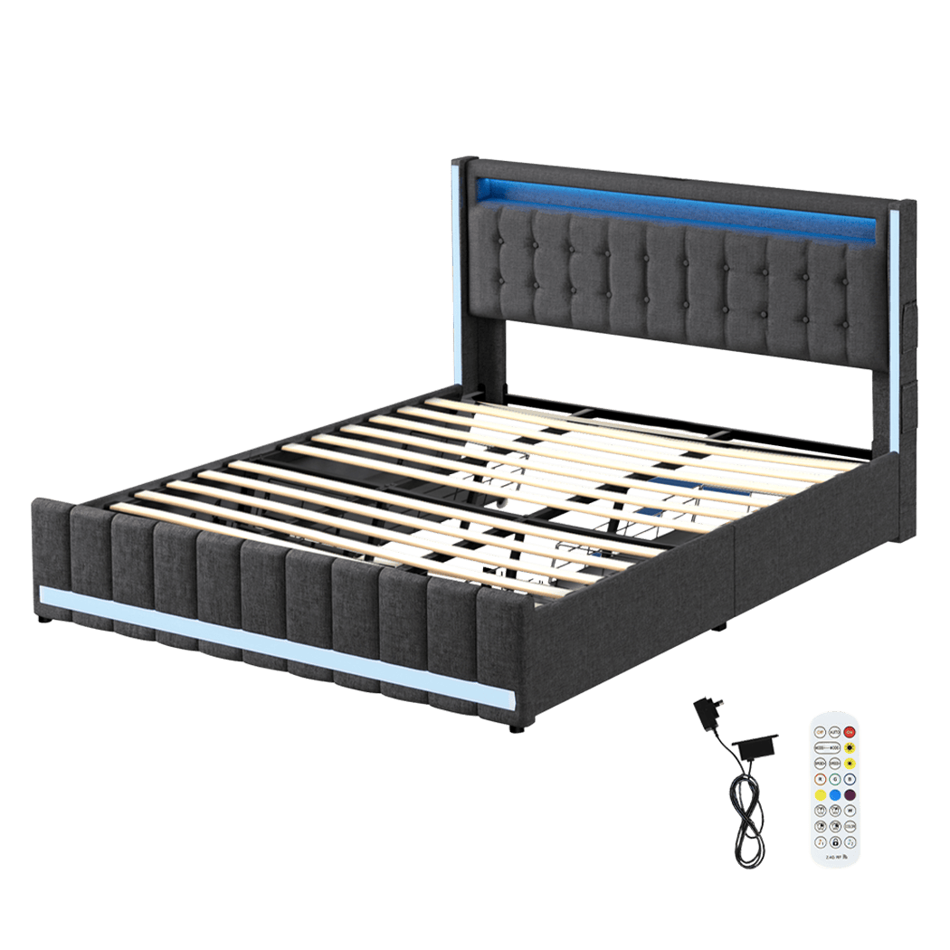 Modern King Bed Frame Fabric Storage Drawer LED USB  Soft Cushion