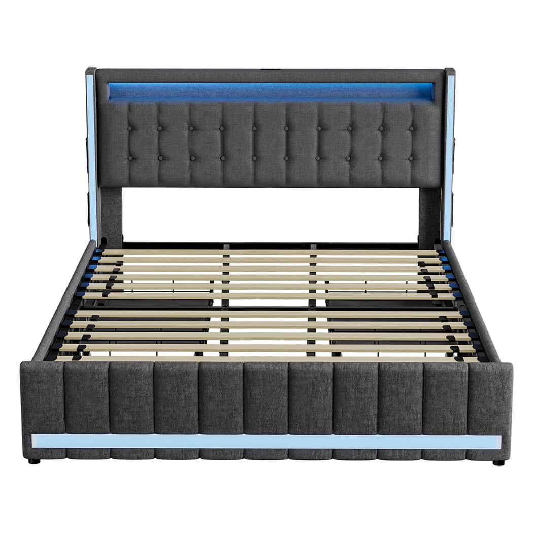 Modern King Bed Frame Fabric Storage Drawer LED USB  Soft Cushion