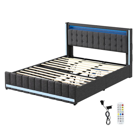 Modern King Bed Frame Fabric Storage Drawer LED USB  Soft Cushion