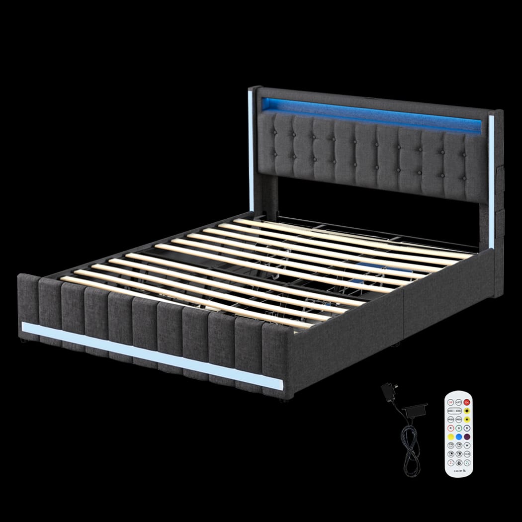 King Bed Frame With Fabric Storage Drawer And LED USB