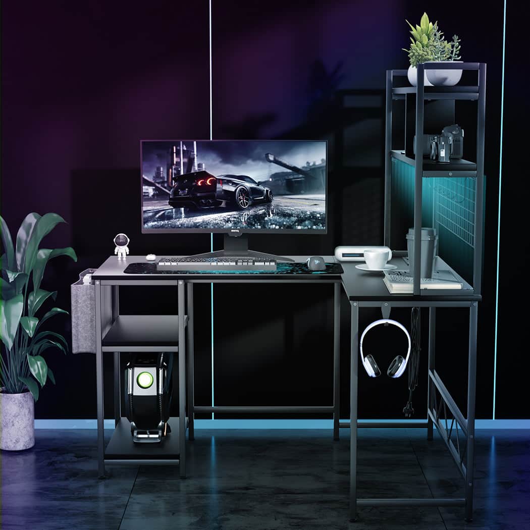 Modern L Shaped Gaming Desk with LED Lights Black  Multipurpose Use