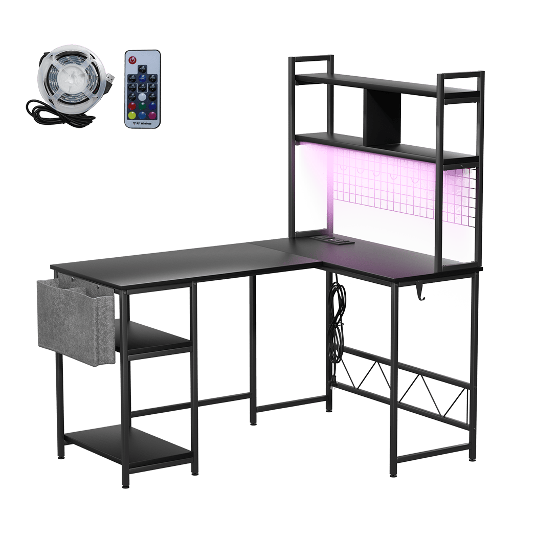 Modern L Shaped Gaming Desk with LED Lights Black  Multipurpose Use