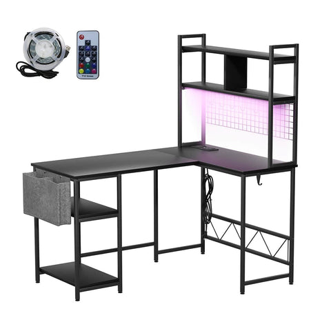 Modern L Shaped Gaming Desk with LED Lights Black  Multipurpose Use