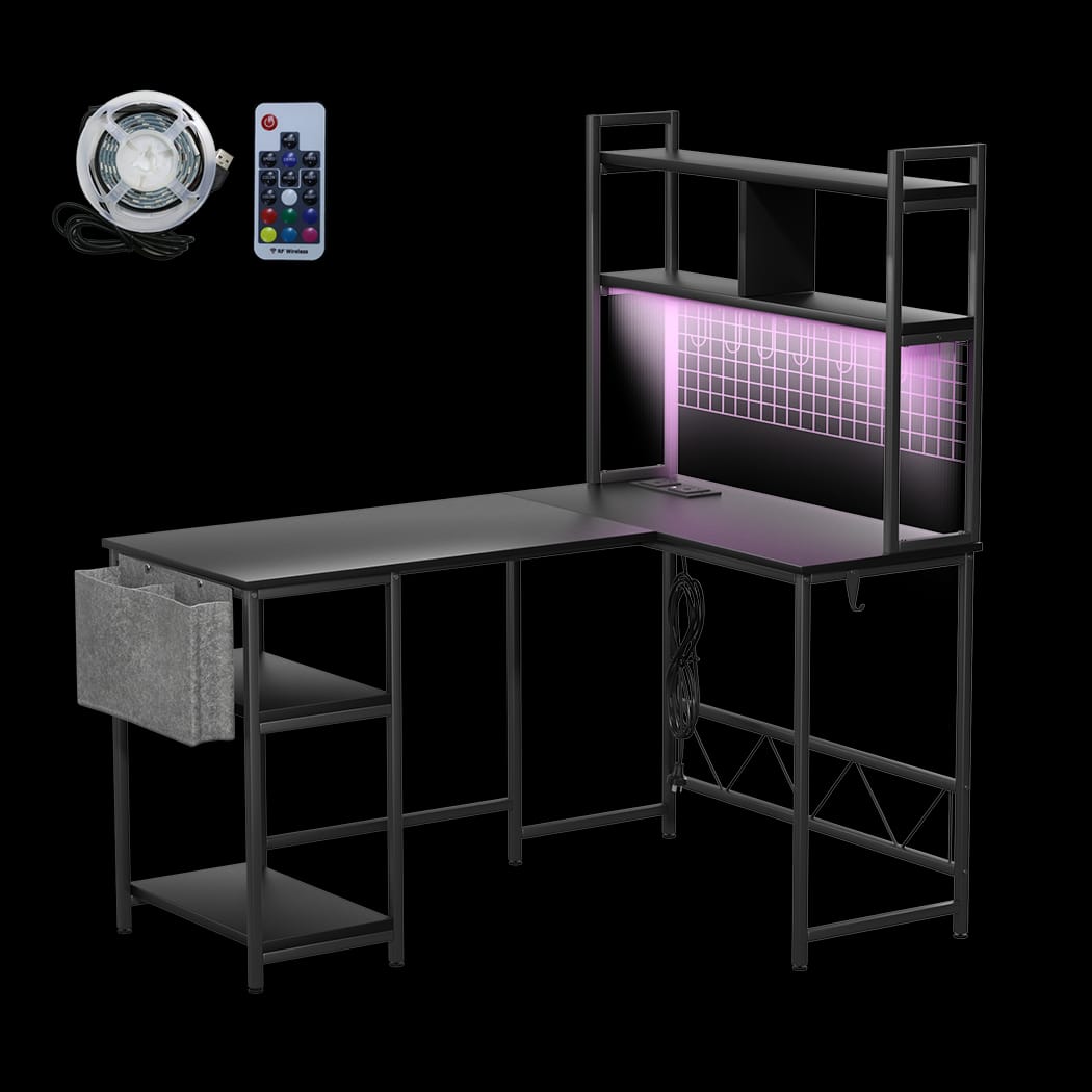 Modern L Shaped Gaming Desk with LED Lights Black  Multipurpose Use - Black colour
