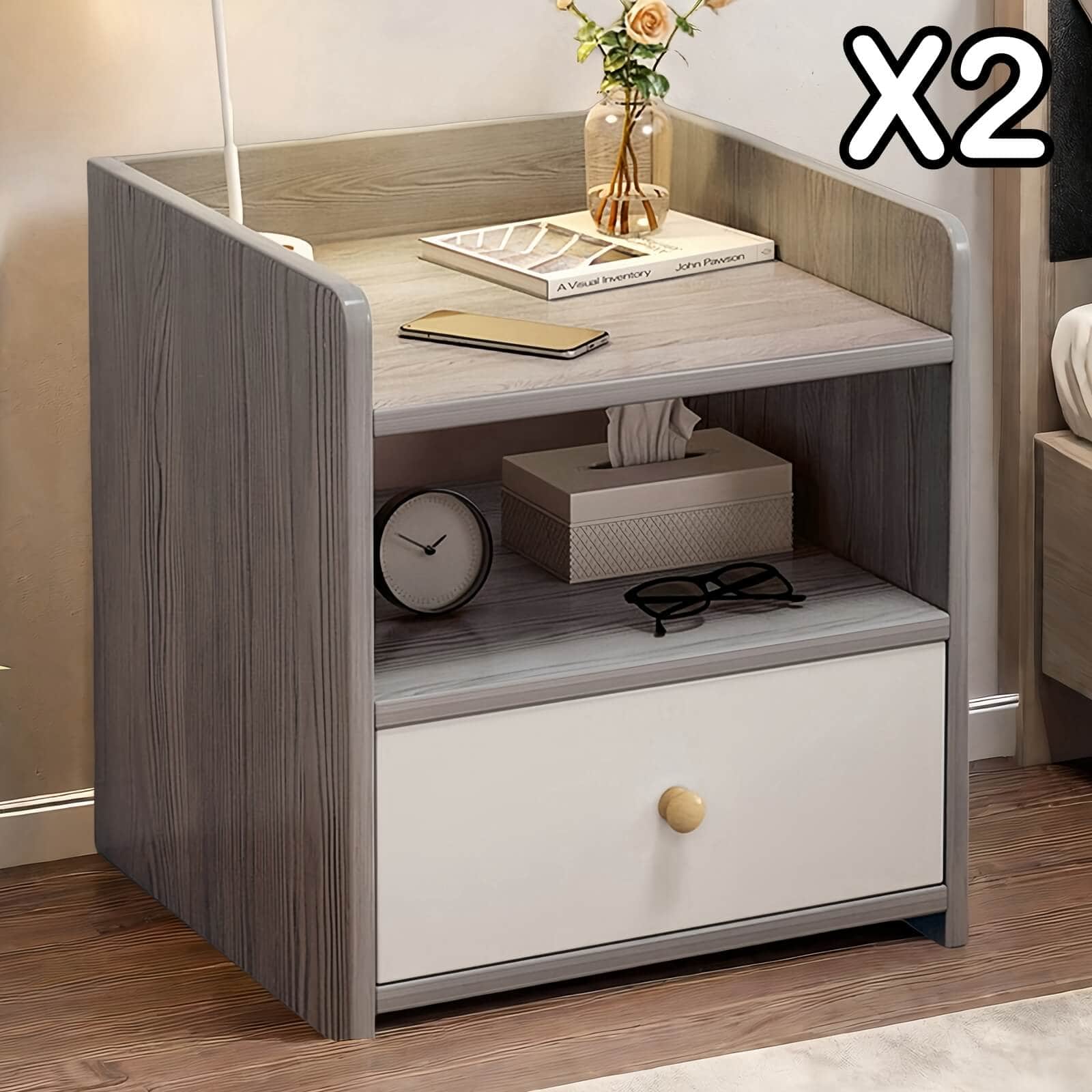 Modern Nightstand Light Gray Wood Grain Safety Tray Storage White Drawer 48cm