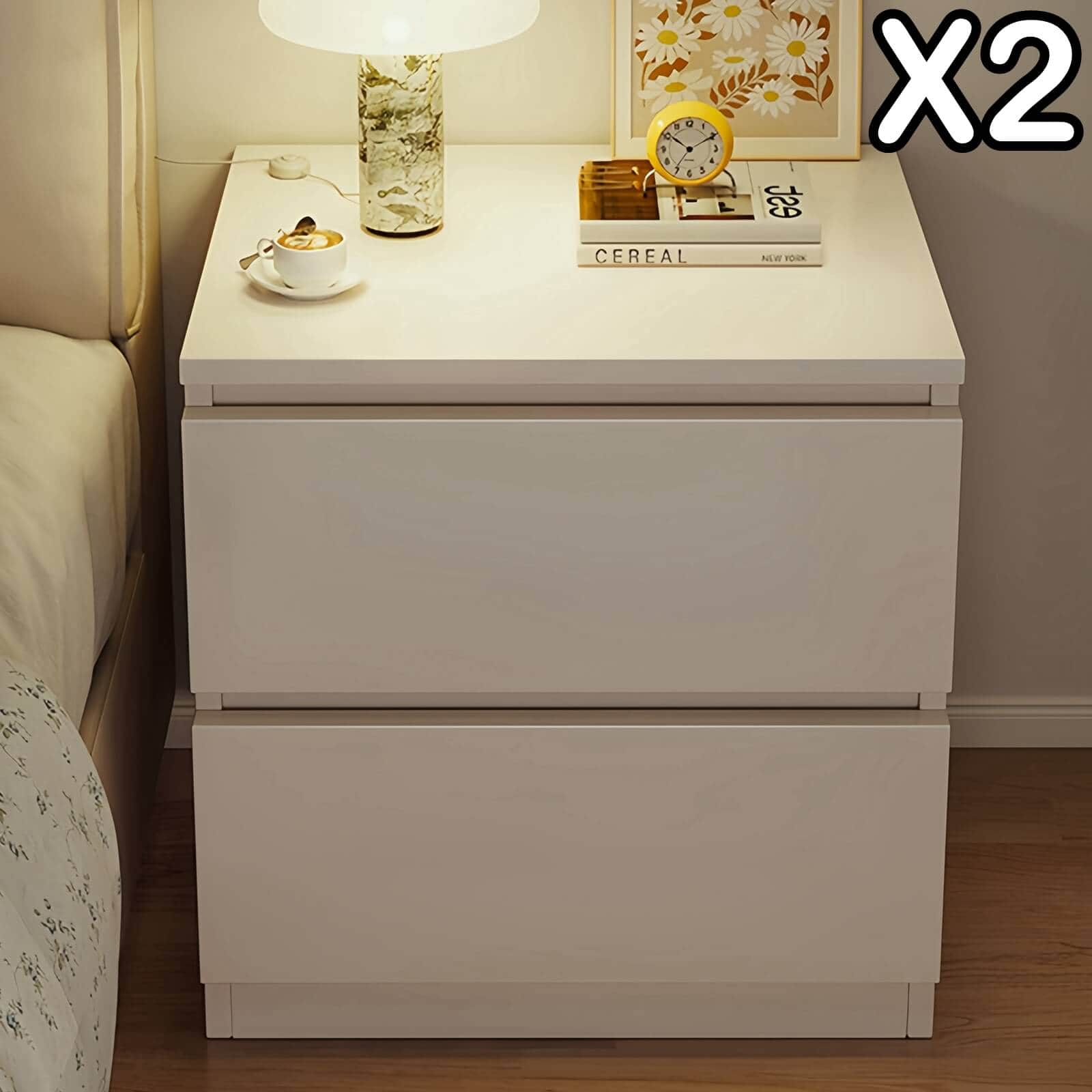 Modern Nightstand Warm White Double Drawer Finger Pull Geometric Clean Lines