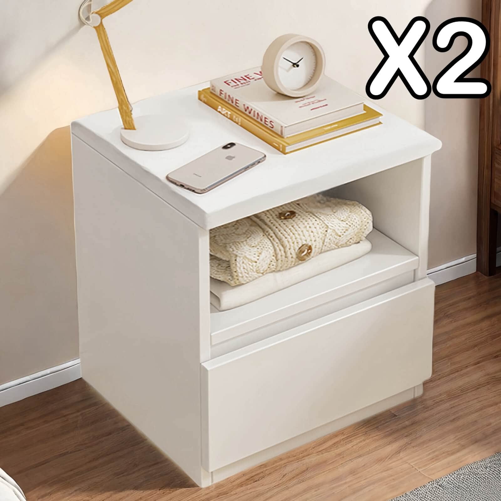 Modern Nightstand Warm White Open Storage Finger Pull Drawer Compact 47cm