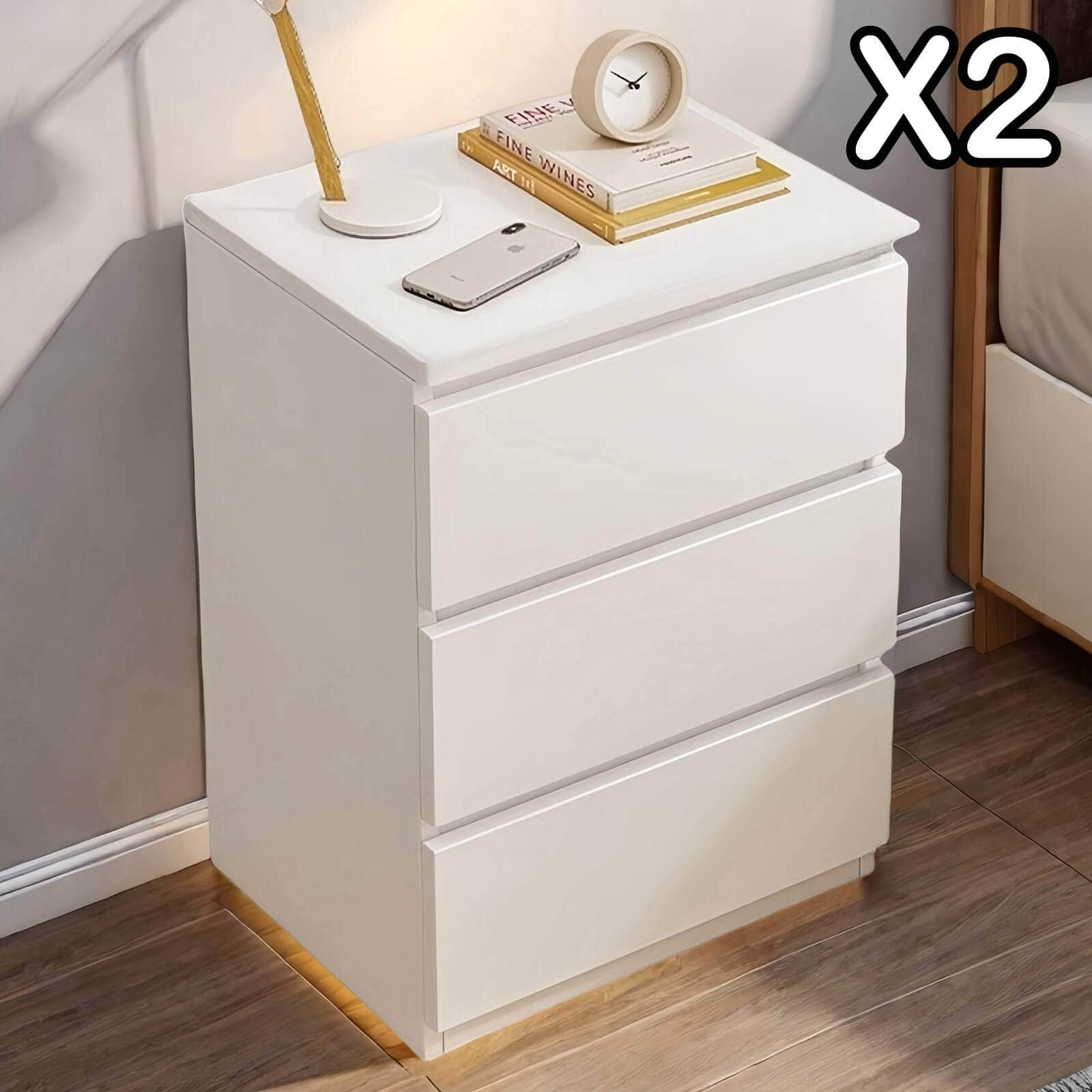 Modern Nightstand Warm White Triple Drawer Finger Pull Geometric Clean Lines