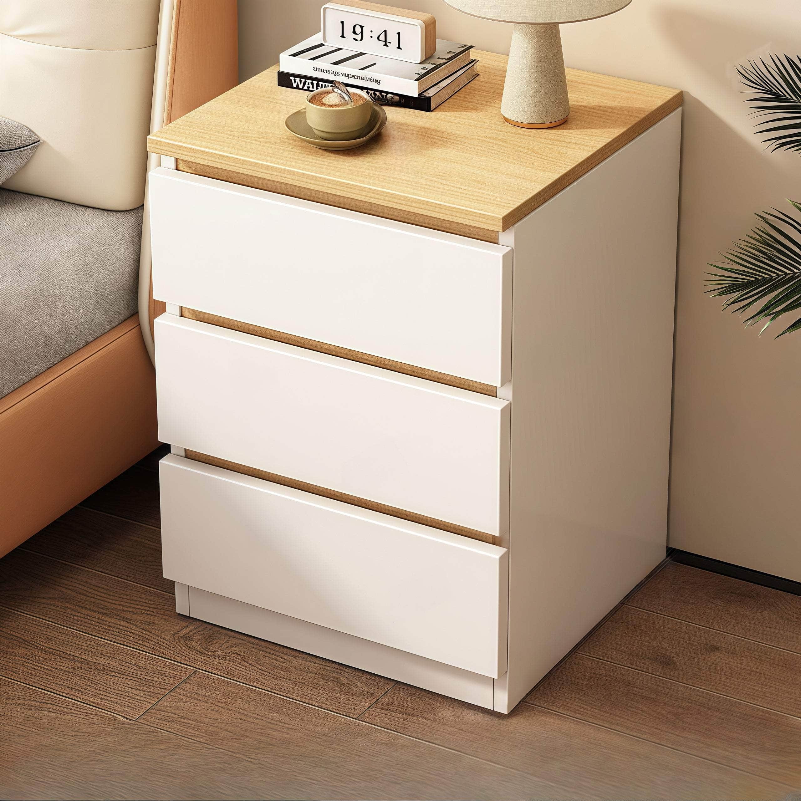 Modern Nightstand Wood Effect Top White Cabinet Triple Drawer Finger Pull Design