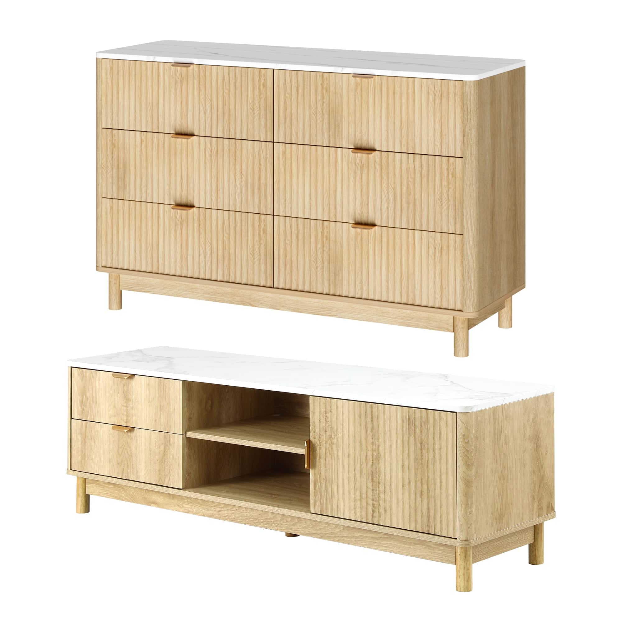 Modern Pine TV Unit and Chest of Drawers Set with Storage Drawers and Shelves