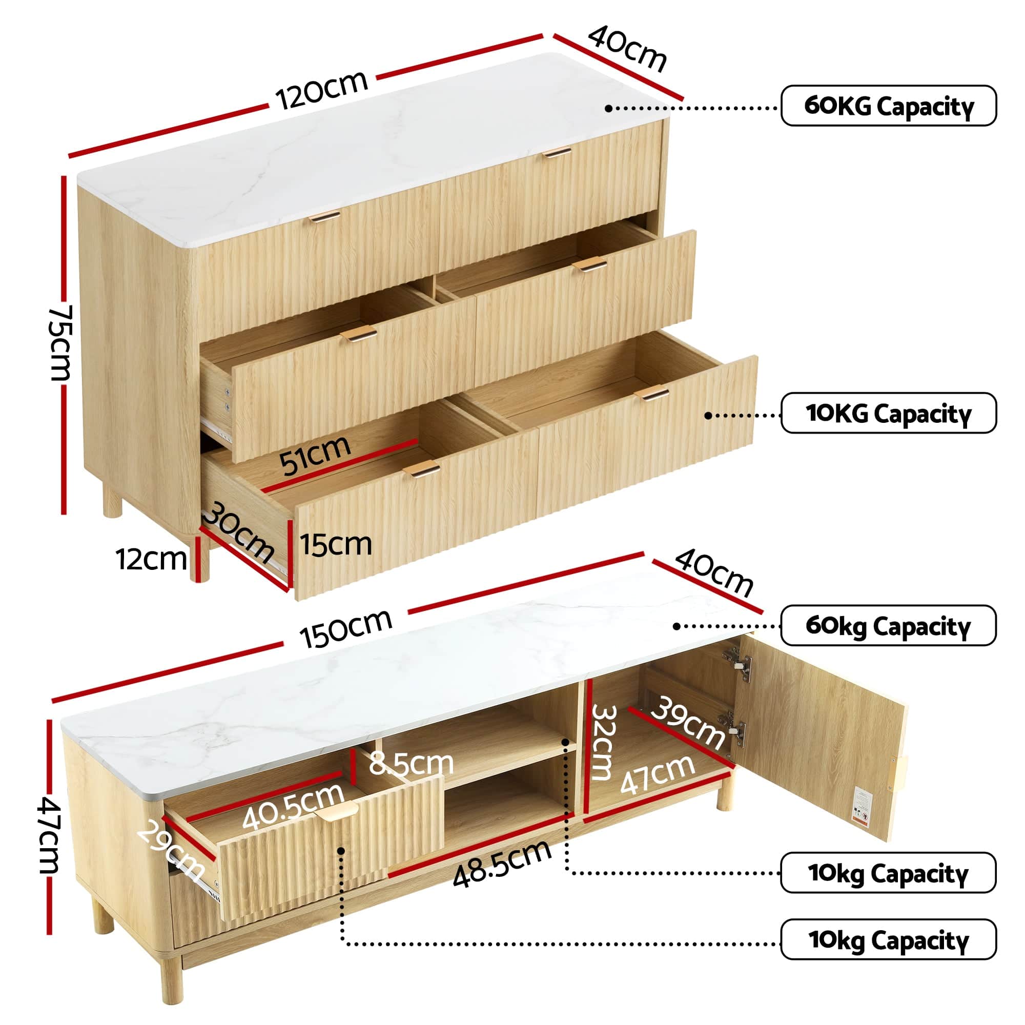 Modern Pine TV Unit and Chest of Drawers Set with Storage Drawers and Shelves