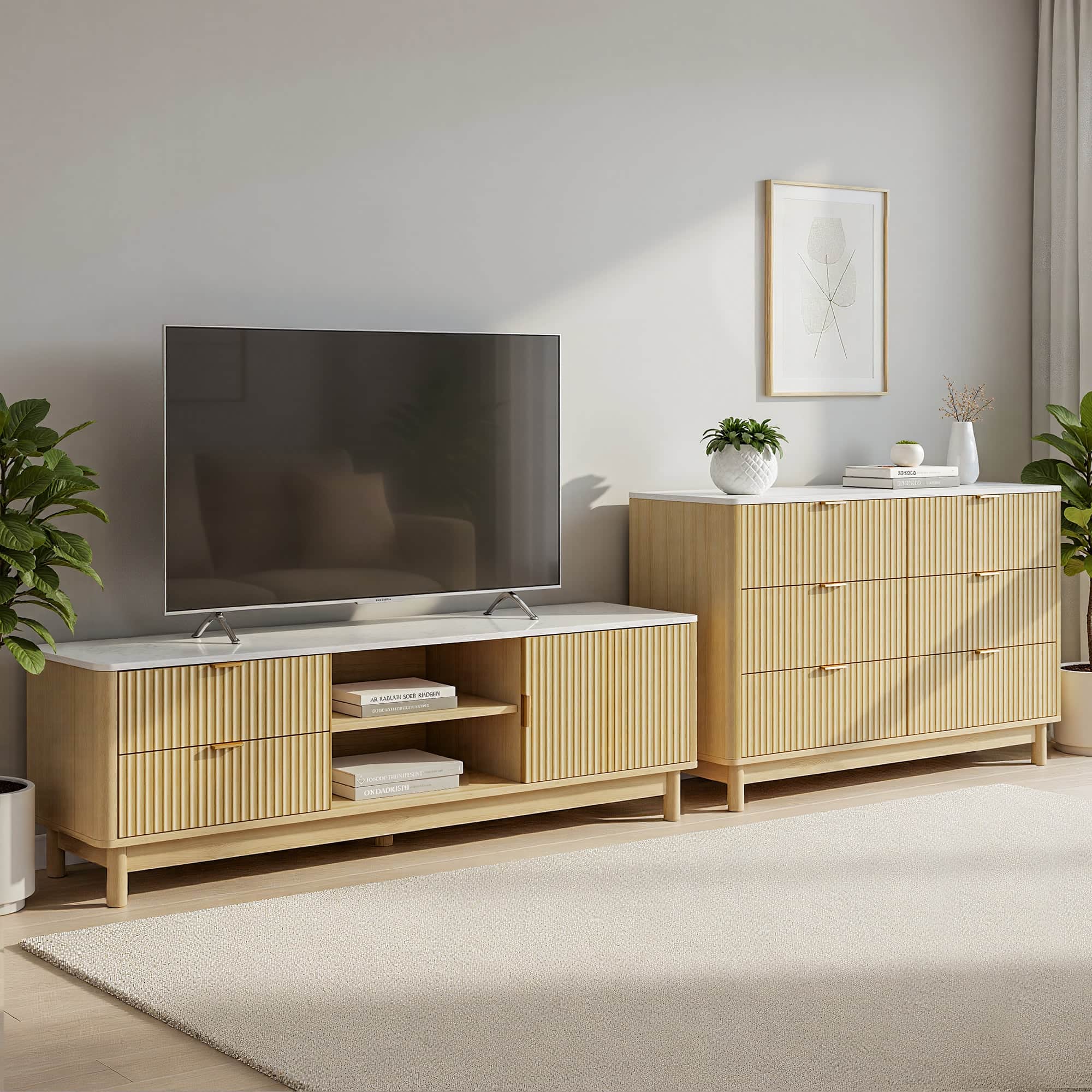 Modern Pine TV Unit and Chest of Drawers Set with Storage Drawers and Shelves