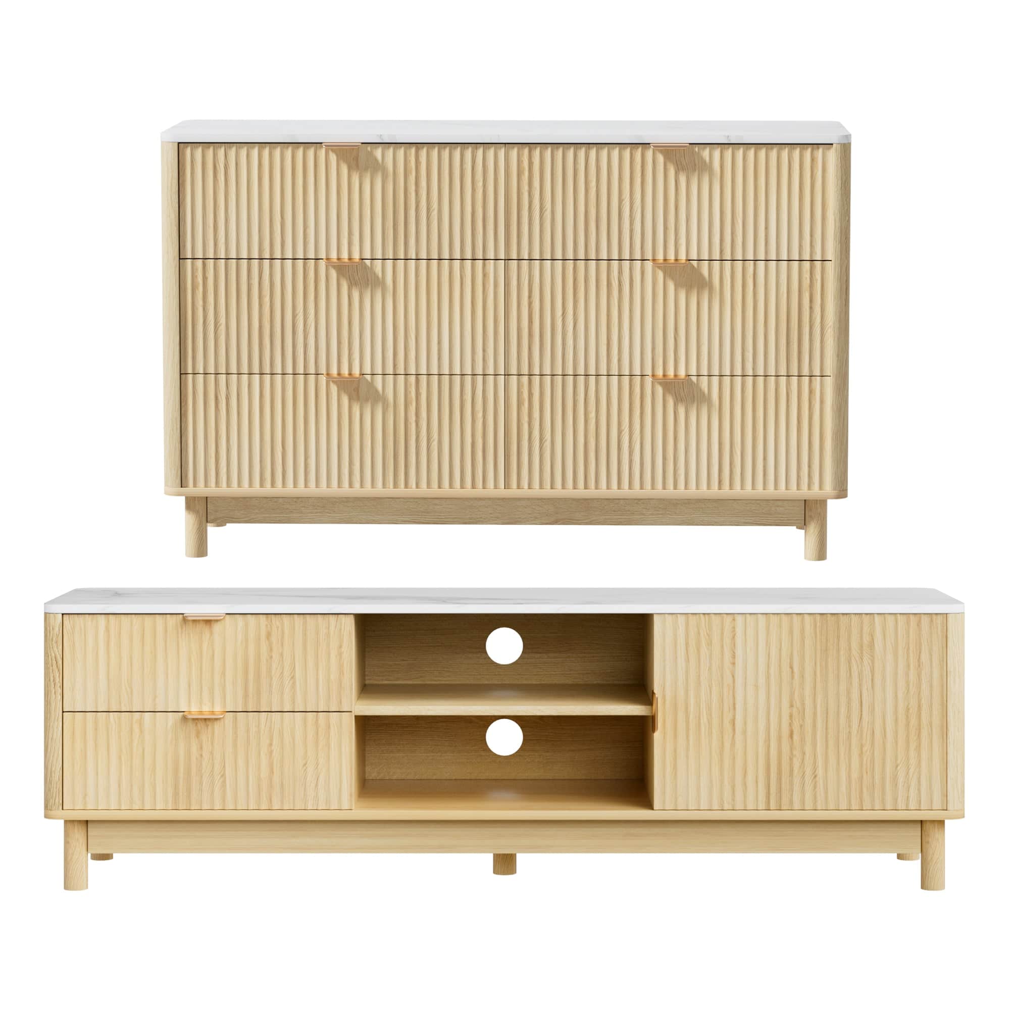 Modern Pine TV Unit and Chest of Drawers Set with Storage Drawers and Shelves
