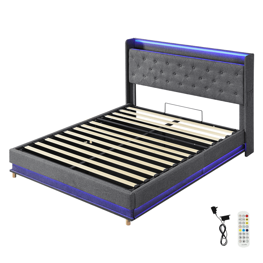 Modern Queen Bed Frame Gas Lift LED Light  Soft Cushion Classic