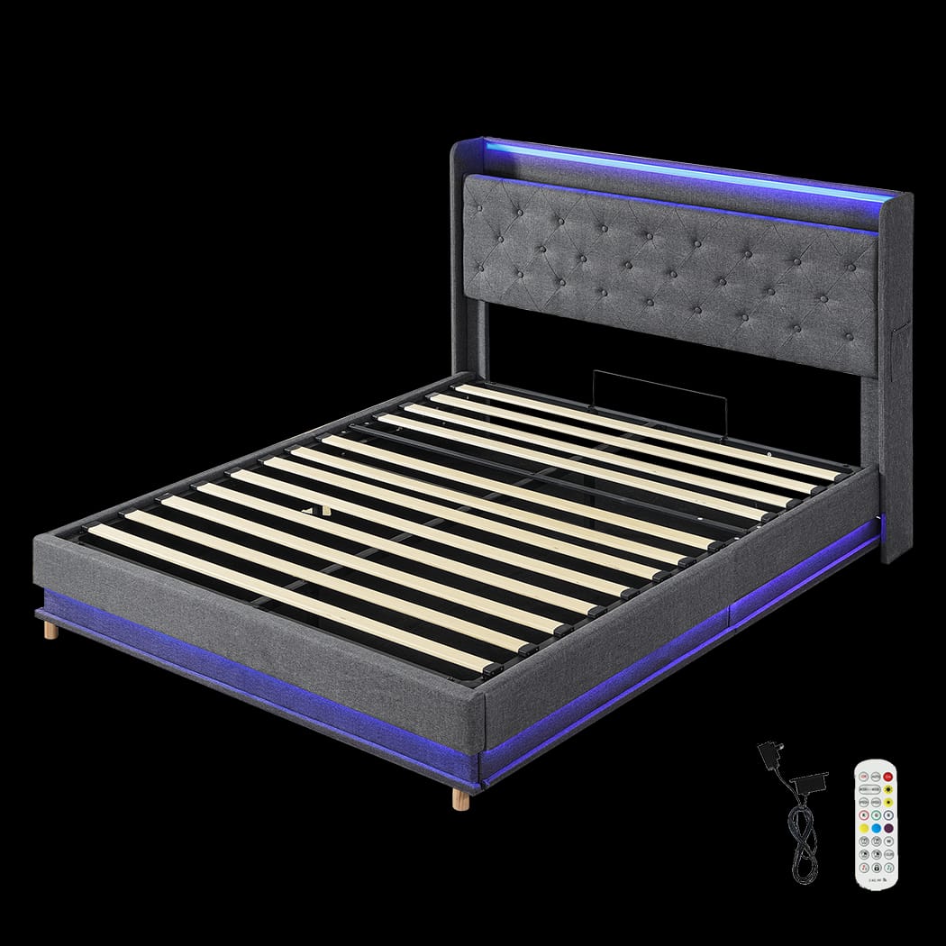 Queen Bed Frame With Gas Lift Storage And LED Light
