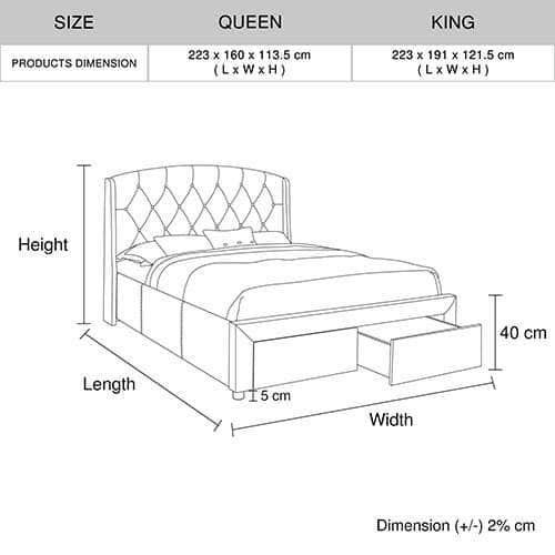 Modern Queen Storage Bed with Navy Blue Fabric and 2 Drawers