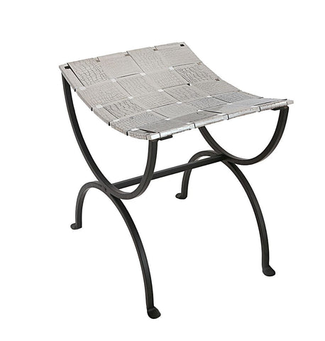 Modern Small Black Dining Bench with Woven Stainless Steel Top