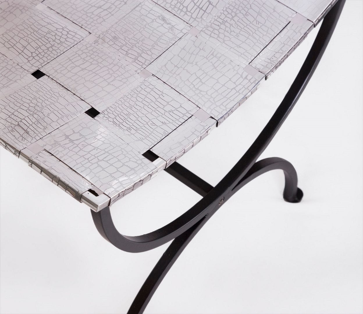 Modern Small Black Dining Bench with Woven Stainless Steel Top