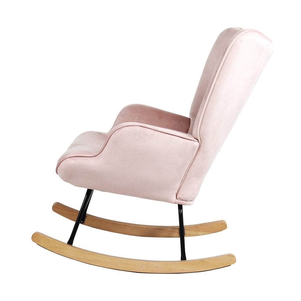 Modern Velvet Rocking Armchair Rubberwood Base - Pink