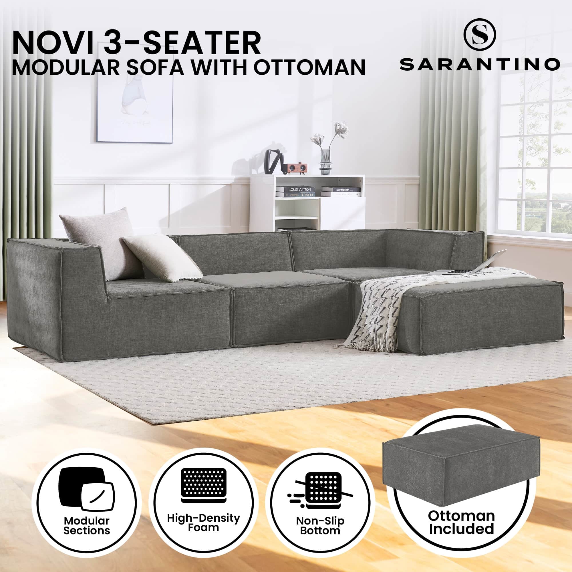 Modular 3-Seater Sofa Couch with Ottoman Grey Non-Slip Bottom