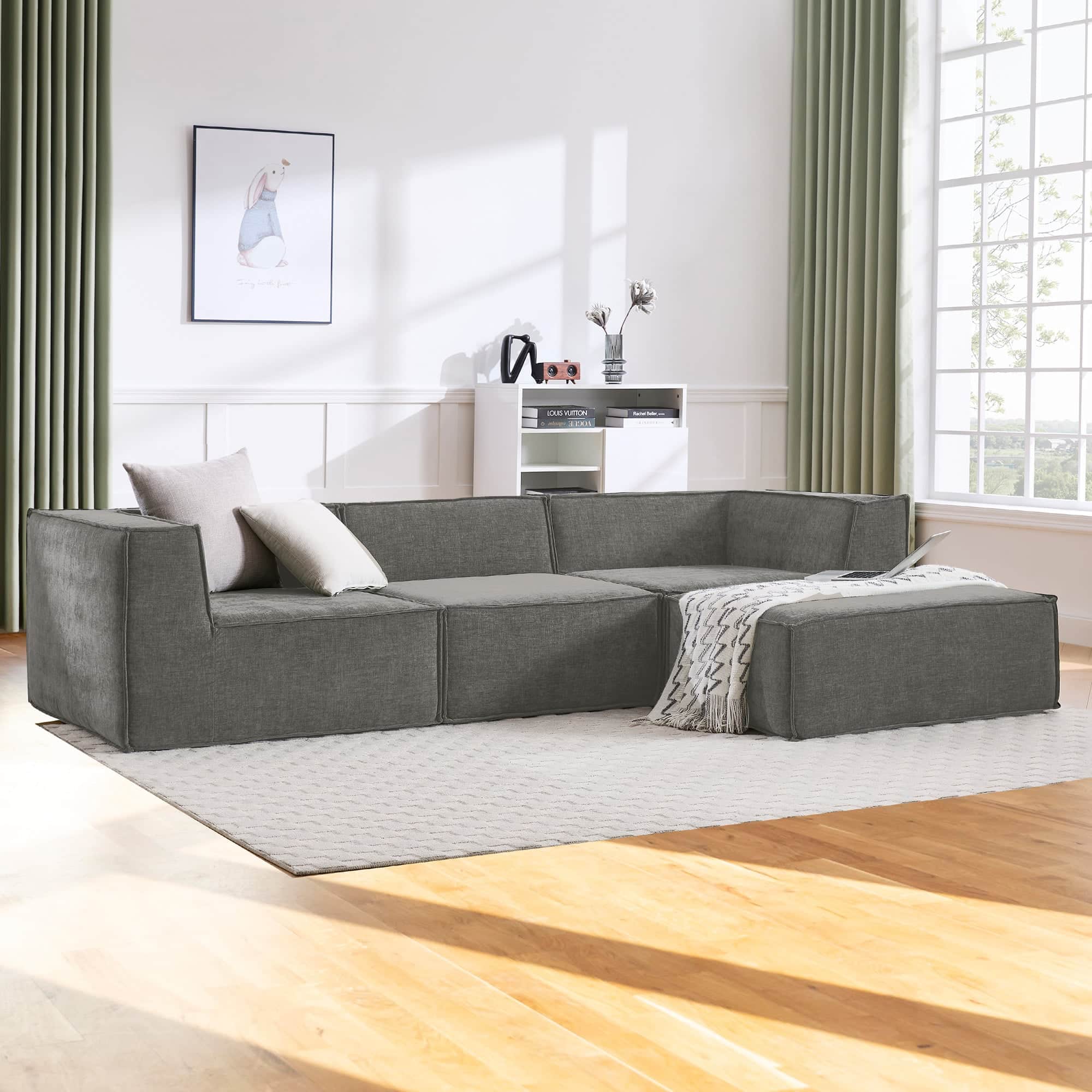 Modular 3-Seater Sofa Couch with Ottoman Grey Non-Slip Bottom