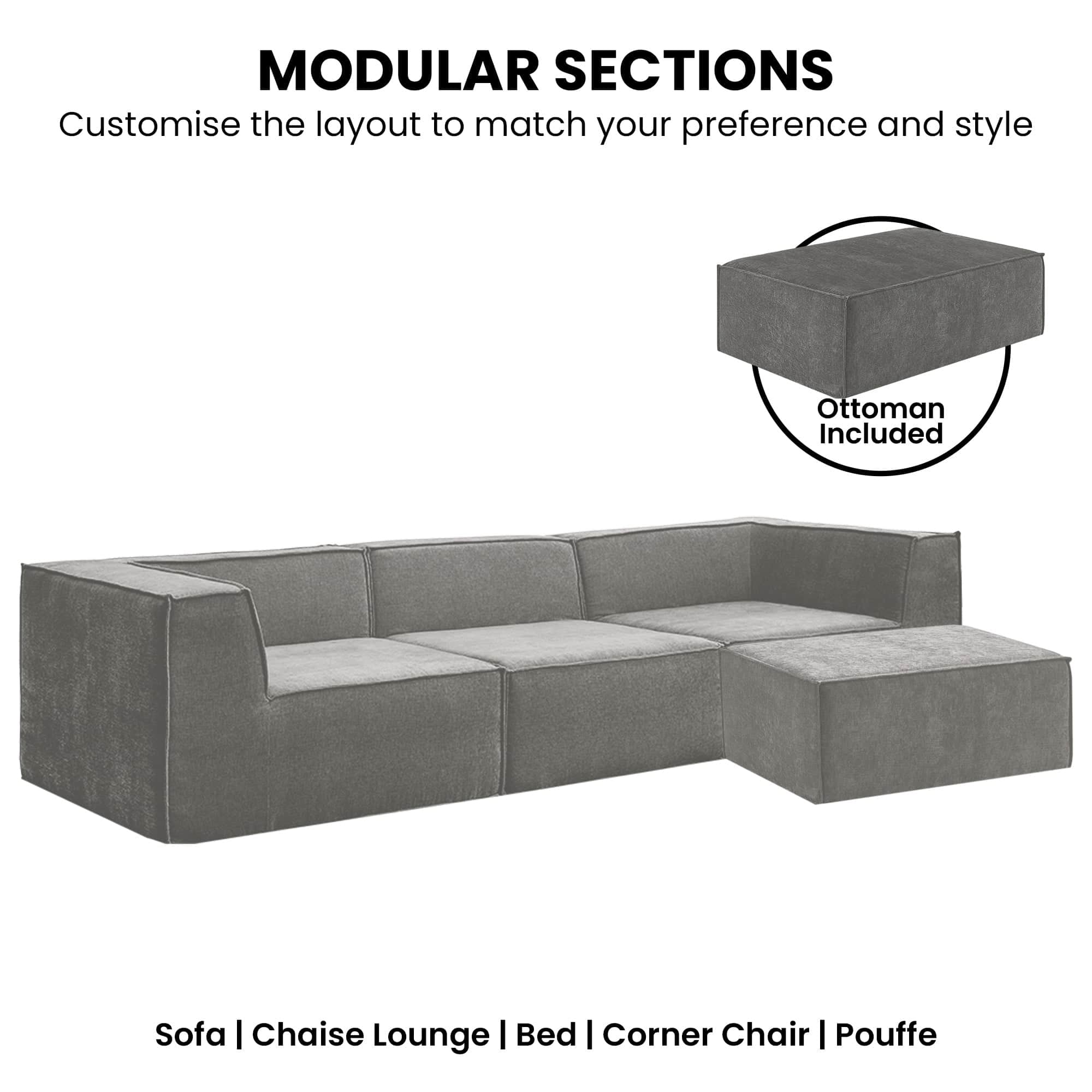 Modular 3-Seater Sofa Couch with Ottoman Grey Non-Slip Bottom