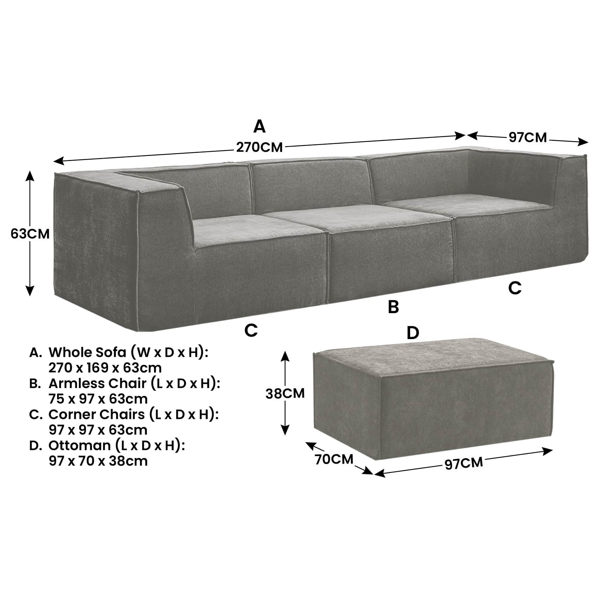 Modular 3-Seater Sofa Couch with Ottoman Grey Non-Slip Bottom