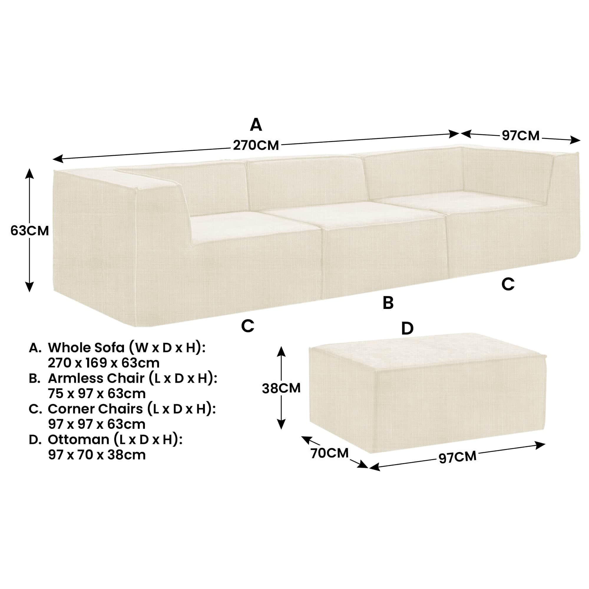 Modular 3-Seater Sofa Novi Cream with Ottoman Non-Slip Lounge Couch