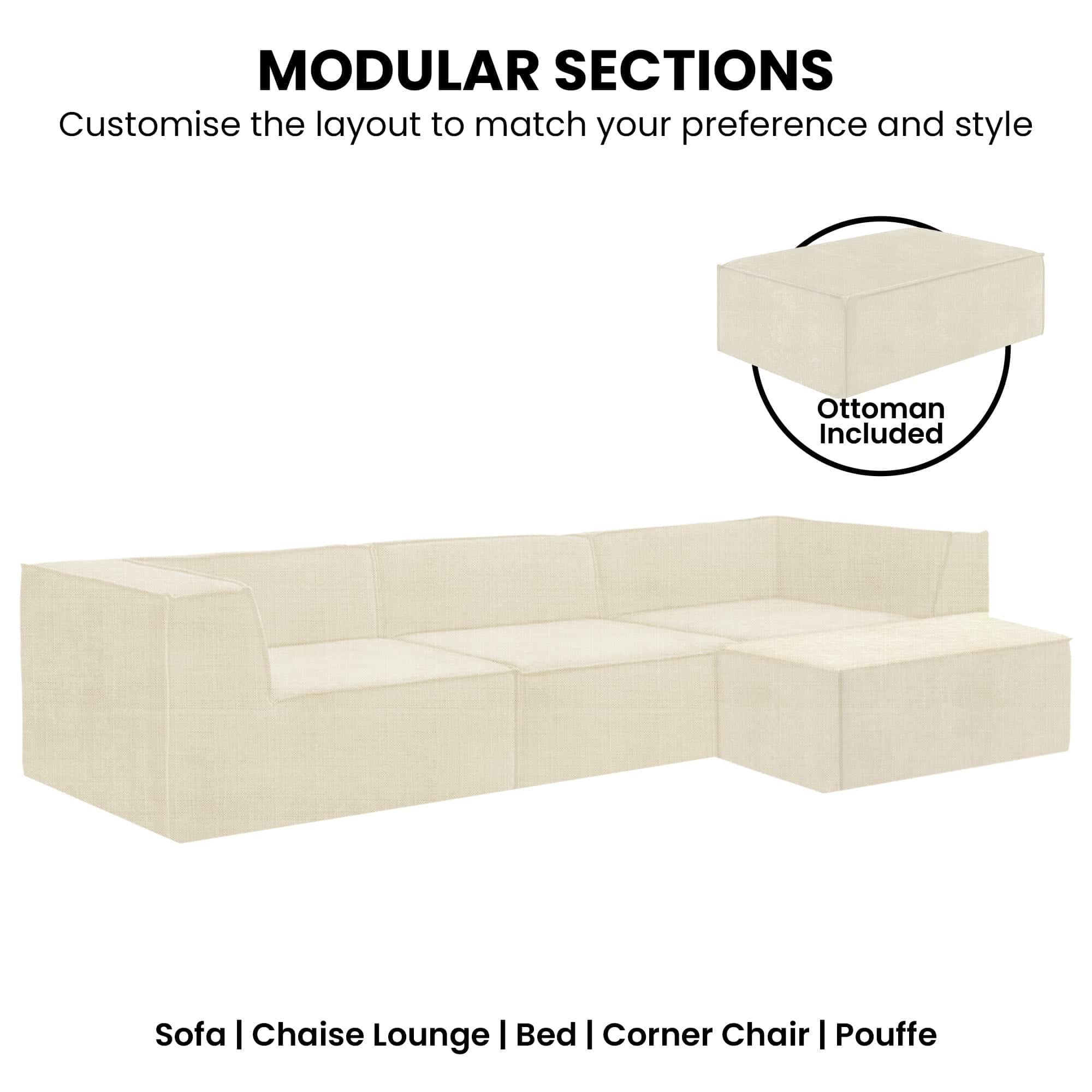 Modular 3-Seater Sofa Novi Cream with Ottoman Non-Slip Lounge Couch