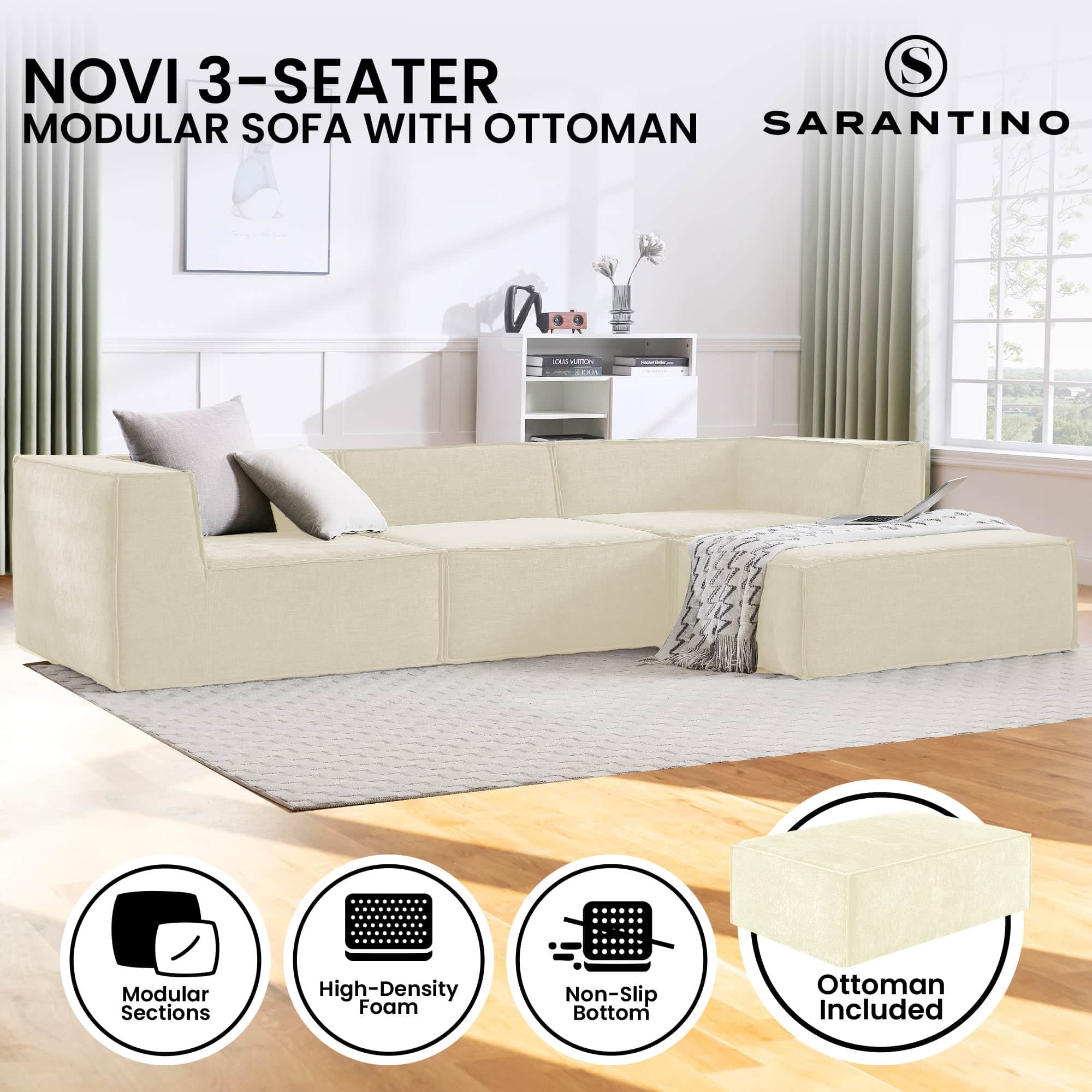 Modular 3-Seater Sofa Novi Cream with Ottoman Non-Slip Lounge Couch