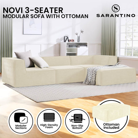 Modular 3-Seater Sofa Novi Cream with Ottoman Non-Slip Lounge Couch