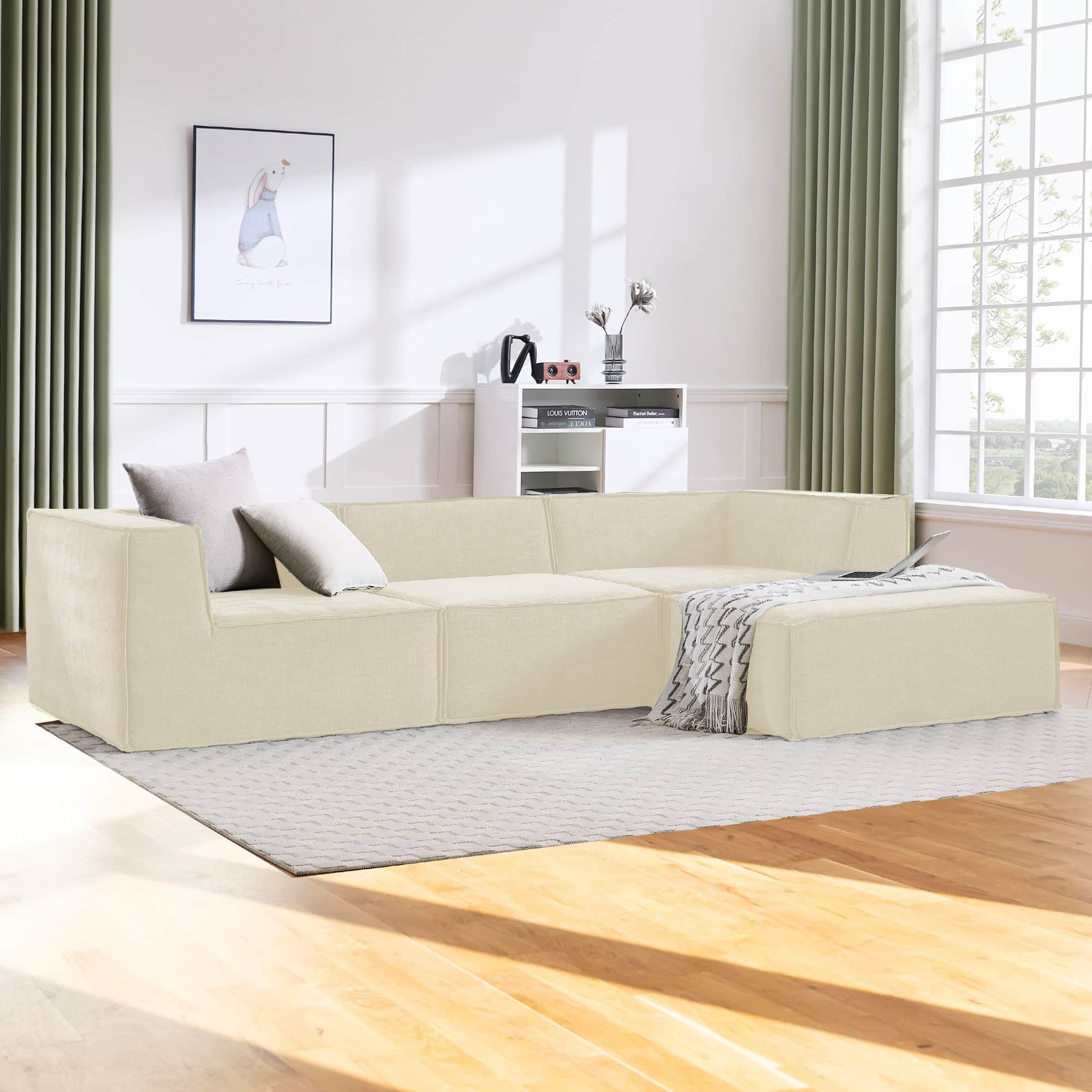 Modular 3-Seater Sofa Novi Cream with Ottoman Non-Slip Lounge Couch
