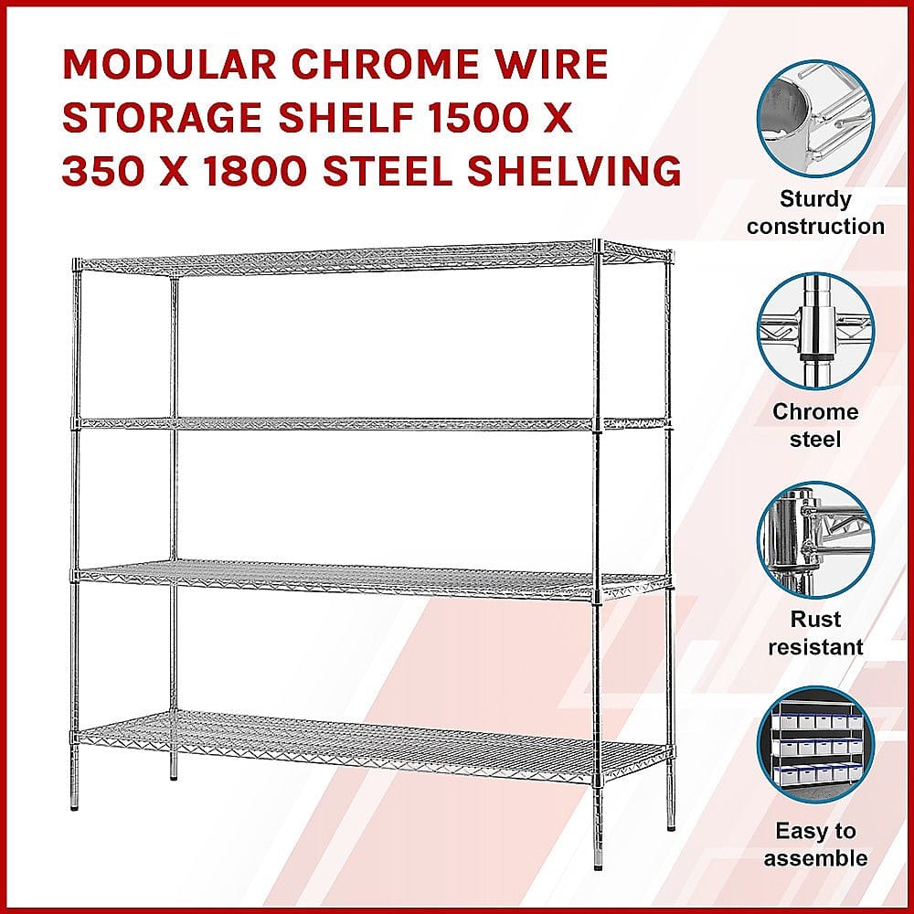 Modular Chrome Wire Storage Shelf 1500 x 350 x 1800 Steel Shelving