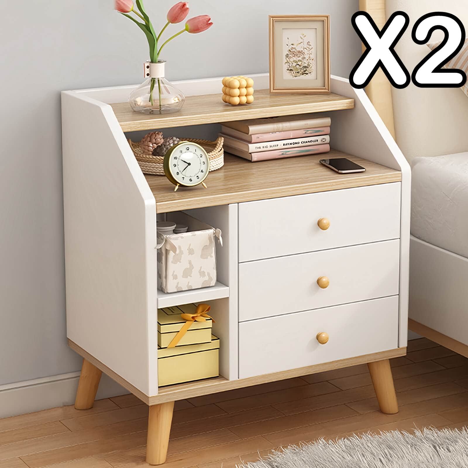 Multi-Storage Nightstand White Wood Combo Three Drawers Open Shelves 3-Tier