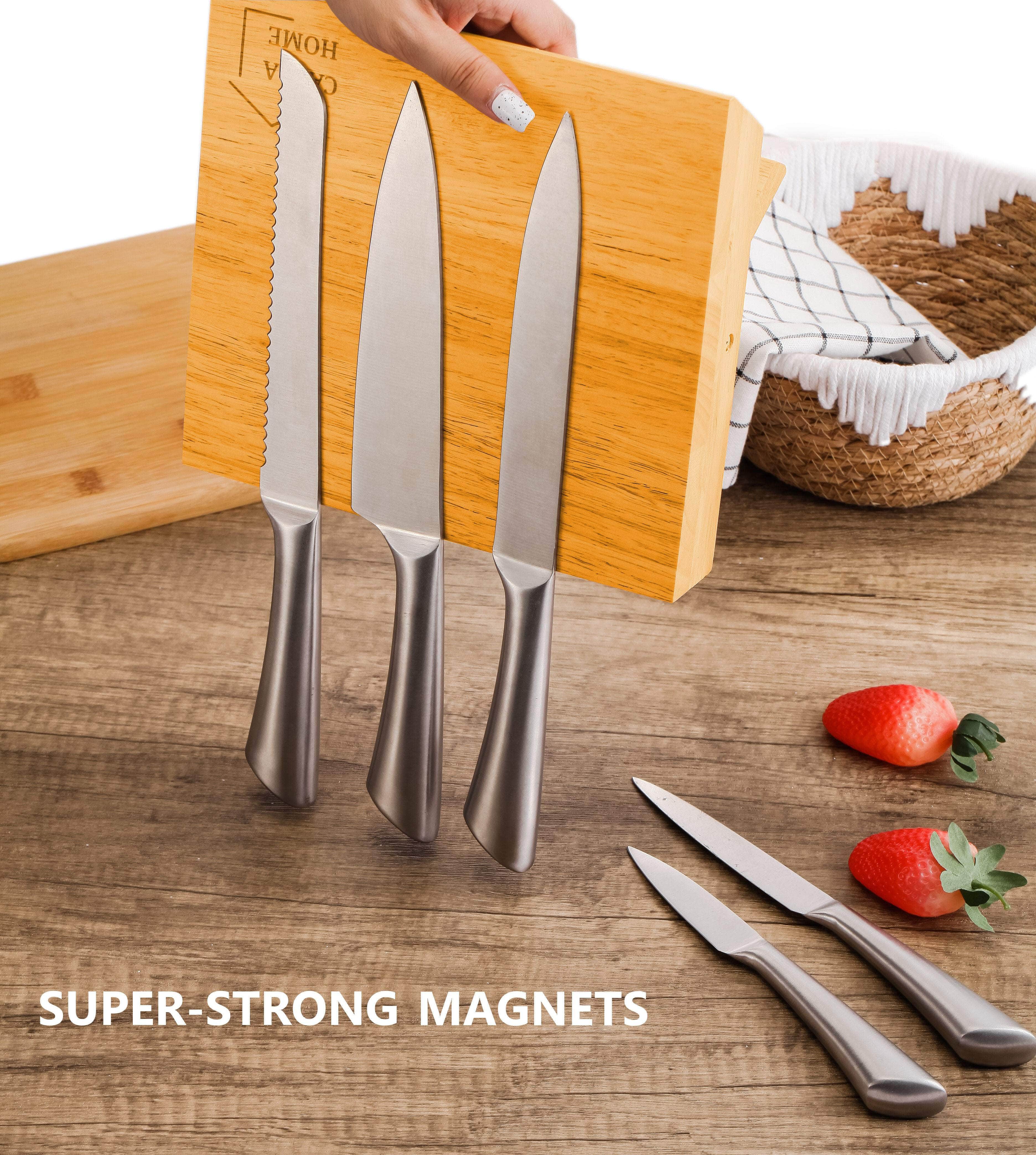 Natural Bamboo Magnetic Knife Block Holder with Strong Magnets Storage