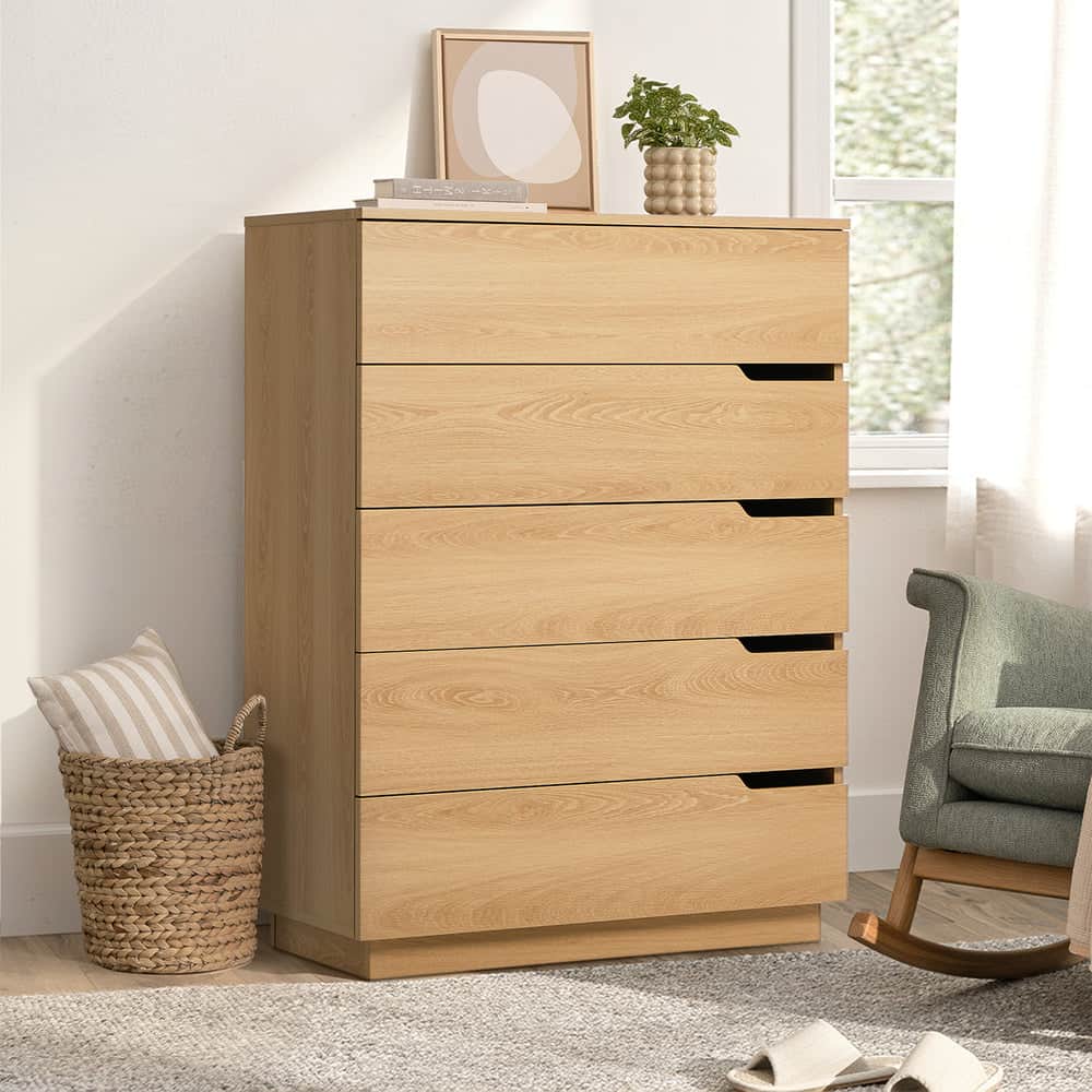 Natural Wood 5-Drawer Tallboy Chest of Drawers Bedroom Storage Cabinet